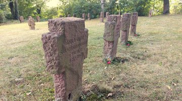 Grabsteine auf dem Zentralfriedhof Fulda mit Rosen