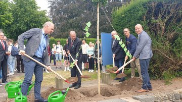 Die Vertreter der projektbeteiligten Institutionen vollenden die Pflanzung des Ginkgobaums